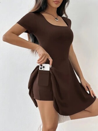 Kadın Kısa Kollu Kare Yaka Short Detaylı Cepli Dalgıç Elbise - 2
