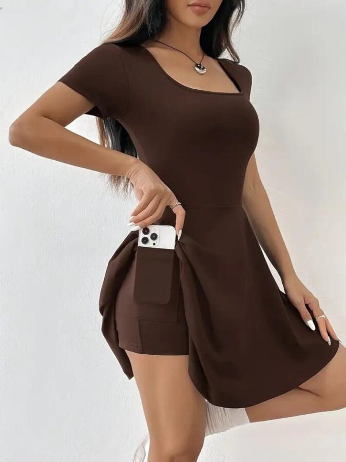 Kadın Kısa Kollu Kare Yaka Short Detaylı Cepli Dalgıç Elbise - 2