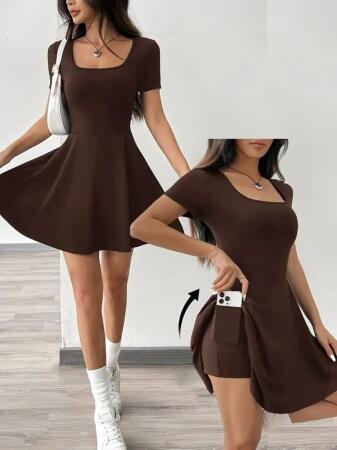 Kadın Kısa Kollu Kare Yaka Short Detaylı Cepli Dalgıç Elbise - 1