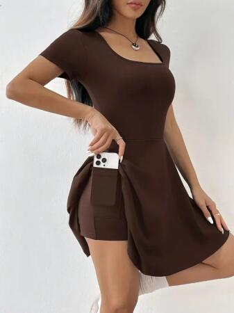 Kadın Kısa Kollu Kare Yaka Short Detaylı Cepli Dalgıç Elbise - 2