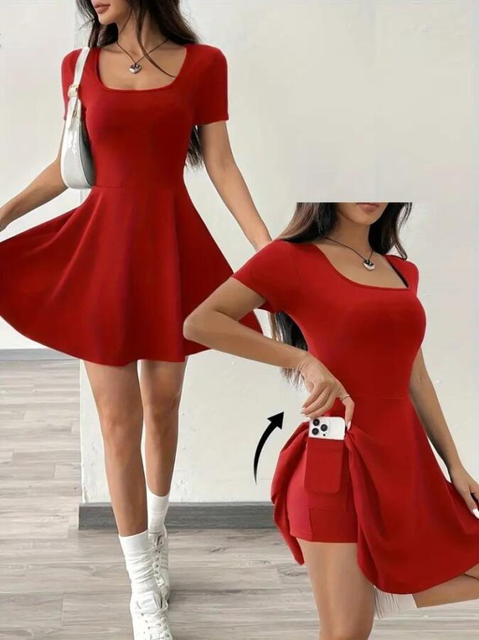 Kadın Kısa Kollu Kare Yaka Short Detaylı Cepli Dalgıç Elbise - 1