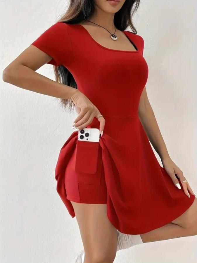 Kadın Kısa Kollu Kare Yaka Short Detaylı Cepli Dalgıç Elbise - 4