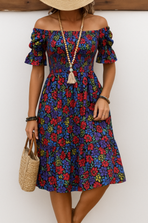 Kadın Kısa Kollu Kare Yakalı Beli Lastikli çiçek Desenli Mini Süprem Elbise - ANGELINO BuyukBedeniz