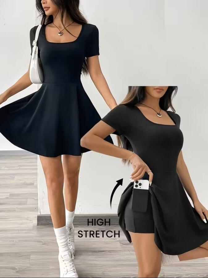 Kadın Kısa Kollu Kare Yakalı Cep Detaylı Dalgıç Elbise Tulum - 1