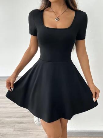 Kadın Kısa Kollu Kare Yakalı Cep Detaylı Dalgıç Elbise Tulum - 2