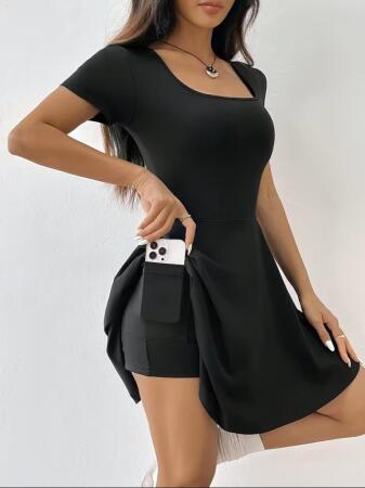 Kadın Kısa Kollu Kare Yakalı Cep Detaylı Dalgıç Elbise Tulum - 3