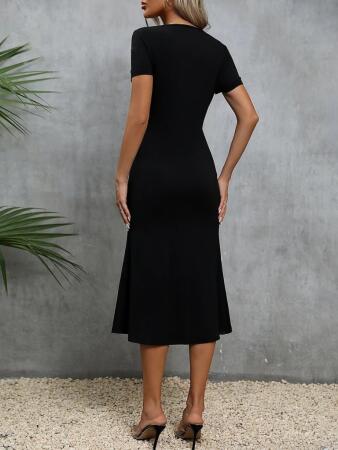 Kadın Kısa Kollu Kare Yakalı Ip Detaylı Janjan Krep Elbise - 4