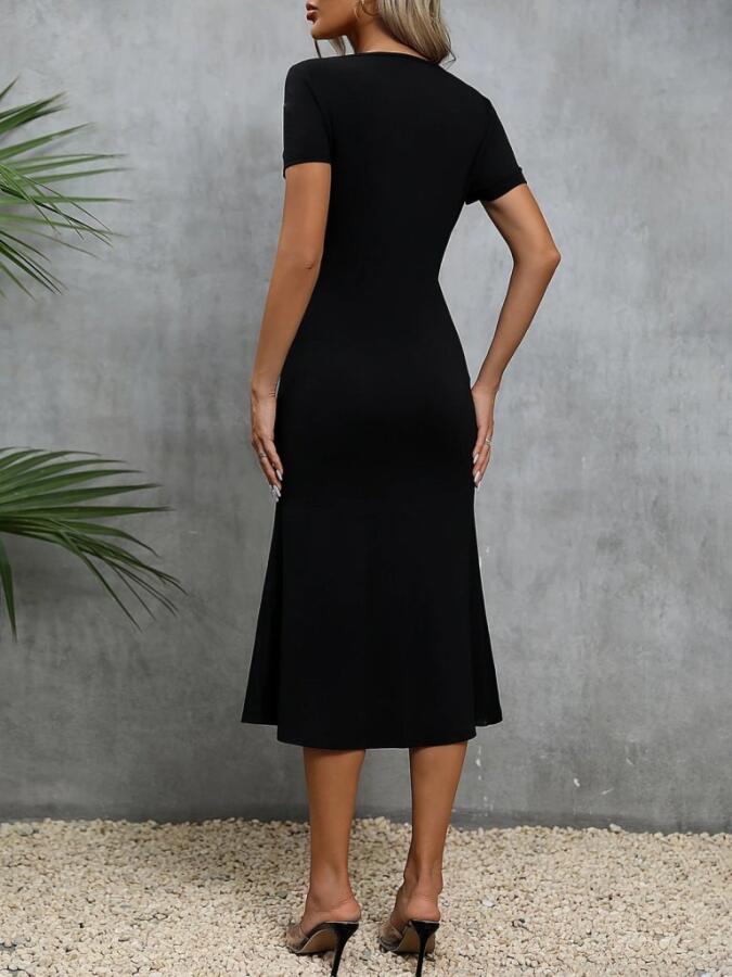 Kadın Kısa Kollu Kare Yakalı Ip Detaylı Janjan Krep Elbise - 4