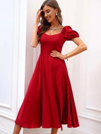 Kadın Kısa Kollu Kare Yakalı Yırtmaçlı Midi Janjan Krep Elbise - 5