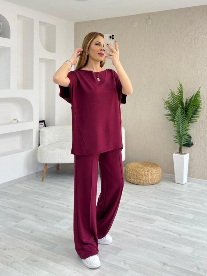 Kadın Kısa Kollu Kayık Yakalı Dikiş Izi Detaylı Viskon Iki Iplik Bluz Ve Pantolon Ikili Takım - 2