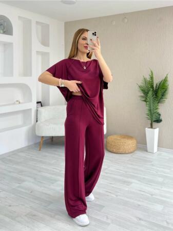 Kadın Kısa Kollu Kayık Yakalı Dikiş Izi Detaylı Viskon Iki Iplik Bluz Ve Pantolon Ikili Takım - 3