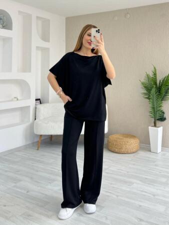 Kadın Kısa Kollu Kayık Yakalı Dikiş Izi Detaylı Viskon Iki Iplik Bluz Ve Pantolon Ikili Takım - 1