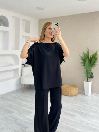 Kadın Kısa Kollu Kayık Yakalı Dikiş Izi Detaylı Viskon Iki Iplik Bluz Ve Pantolon Ikili Takım - 2