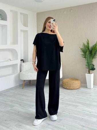 Kadın Kısa Kollu Kayık Yakalı Dikiş Izi Detaylı Viskon Iki Iplik Bluz Ve Pantolon Ikili Takım - 3