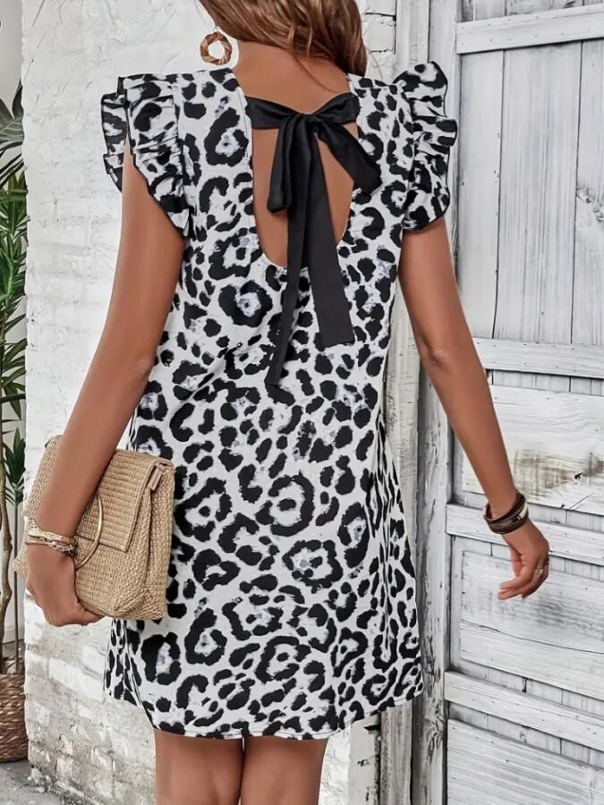 Kadın Kısa Kollu Kolları Fırfır Detay Arkası Bağlamalı Leopar Desen Kolsuz Mini Mikro Elbise - 2