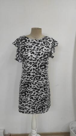 Kadın Kısa Kollu Kolları Fırfır Detay Arkası Bağlamalı Leopar Desen Kolsuz Mini Mikro Elbise - 6