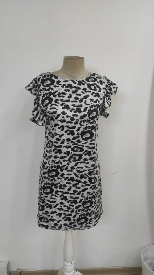 Kadın Kısa Kollu Kolları Fırfır Detay Arkası Bağlamalı Leopar Desen Kolsuz Mini Mikro Elbise - 6