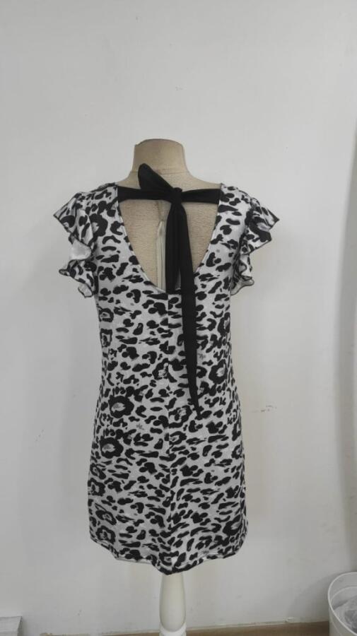 Kadın Kısa Kollu Kolları Fırfır Detay Arkası Bağlamalı Leopar Desen Kolsuz Mini Mikro Elbise - 7