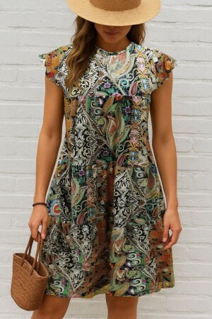 Kadın Kısa Kollu Kolları Fırfırlı Bisiklet Yakalı Kare Desenli Elbise - 1