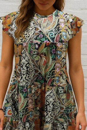 Kadın Kısa Kollu Kolları Fırfırlı Bisiklet Yakalı Kare Desenli Elbise - 2