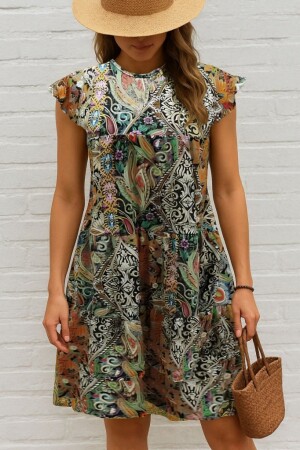 Kadın Kısa Kollu Kolları Fırfırlı Bisiklet Yakalı Kare Desenli Elbise - 3