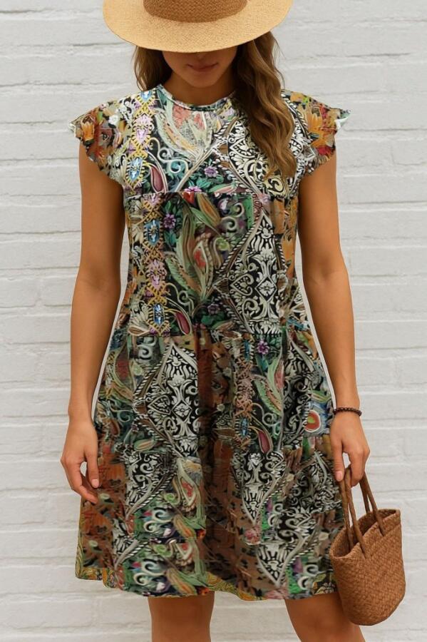 Kadın Kısa Kollu Kolları Fırfırlı Bisiklet Yakalı Kare Desenli Elbise - 3