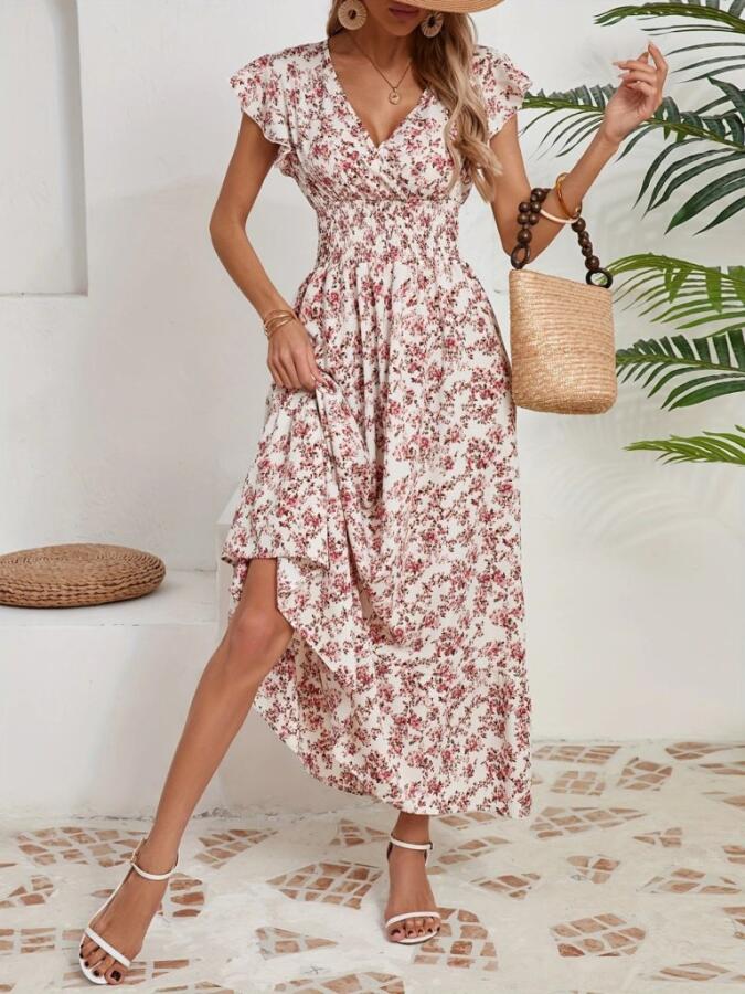 Kadın Kısa Kollu Kruvaze Yaka Beli Lastikli çiçek Desenli Elbise - 2