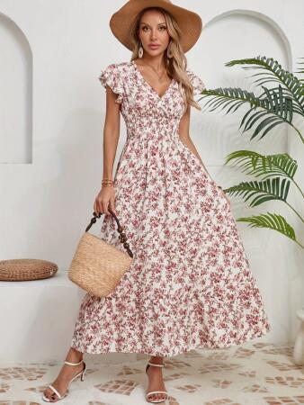 Kadın Kısa Kollu Kruvaze Yaka Beli Lastikli çiçek Desenli Elbise - 3