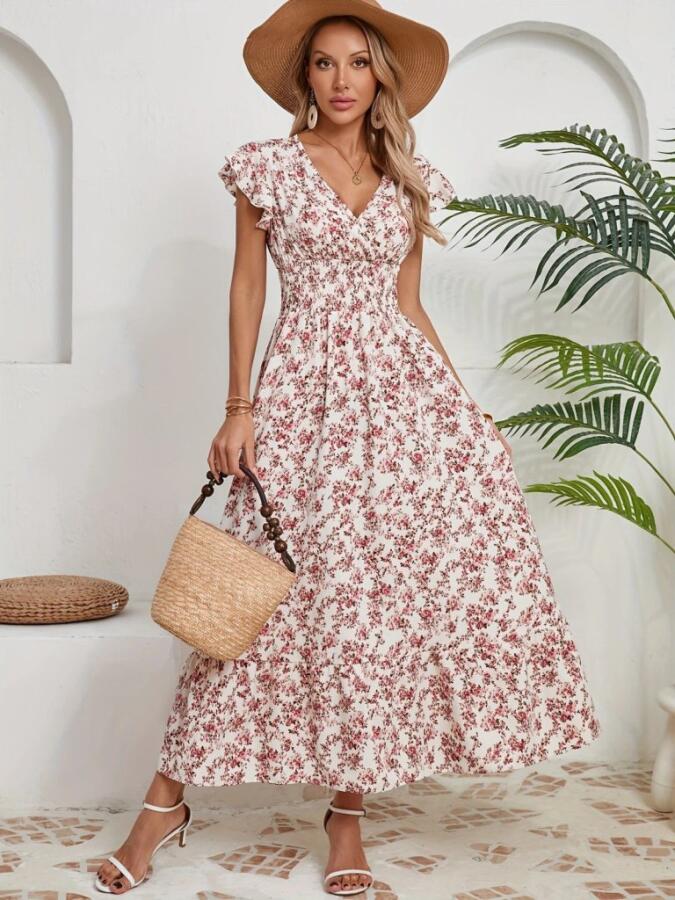 Kadın Kısa Kollu Kruvaze Yaka Beli Lastikli çiçek Desenli Elbise - 3