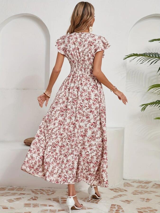 Kadın Kısa Kollu Kruvaze Yaka Beli Lastikli çiçek Desenli Elbise - 5