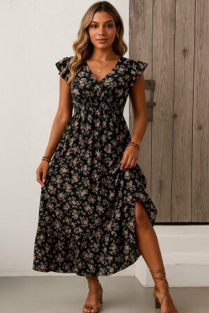 Kadın Kısa Kollu Kruvaze Yaka Beli Lastikli çiçek Desenli Elbise - ANGELINO BuyukBedeniz