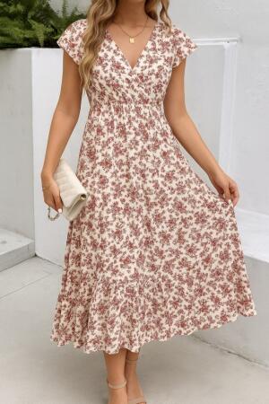 Kadın Kısa Kollu Kruvaze Yaka Beli Lastikli çiçek Desenli Elbise - ANGELINO BuyukBedeniz