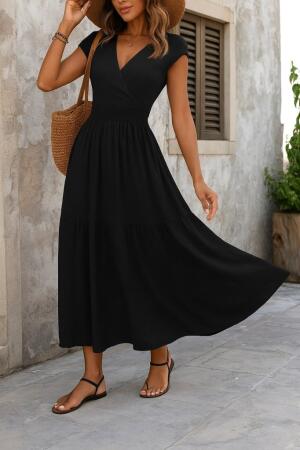 Kadın Kısa Kollu Kruvaze Yaka Beli Lastikli Süprem Maksi Boy Elbise - ANGELINO BuyukBedeniz