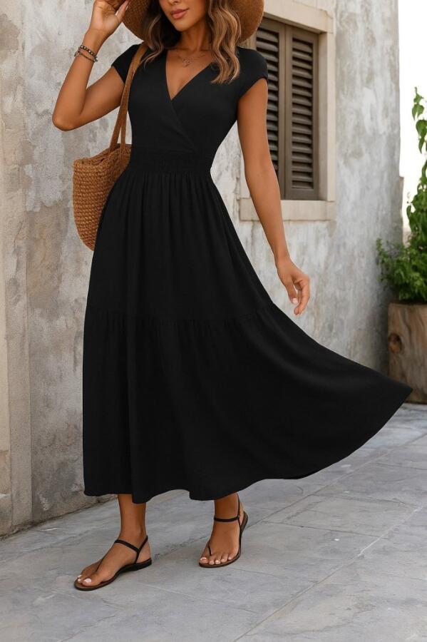 Kadın Kısa Kollu Kruvaze Yaka Beli Lastikli Süprem Maksi Boy Elbise - 1