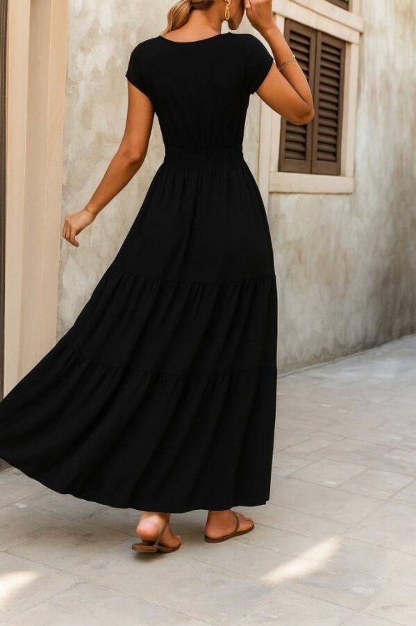 Kadın Kısa Kollu Kruvaze Yaka Beli Lastikli Süprem Maksi Boy Elbise - 2