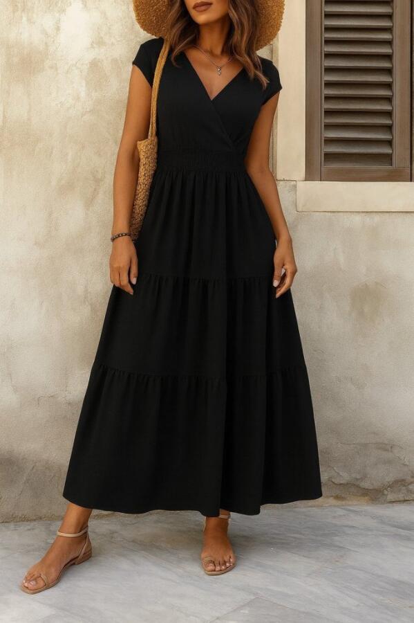 Kadın Kısa Kollu Kruvaze Yaka Beli Lastikli Süprem Maksi Boy Elbise - 3