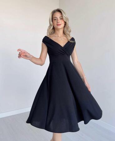 Kadın Kısa Kollu Kruvaze Yaka Eteği Volanlı Krep Elbise - ANGELINO BuyukBedeniz