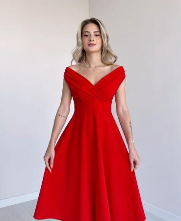 Kadın Kısa Kollu Kruvaze Yaka Eteği Volanlı Krep Elbise - ANGELINO BuyukBedeniz (1)