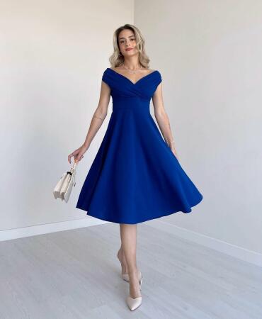 Kadın Kısa Kollu Kruvaze Yaka Eteği Volanlı Krep Elbise - ANGELINO BuyukBedeniz