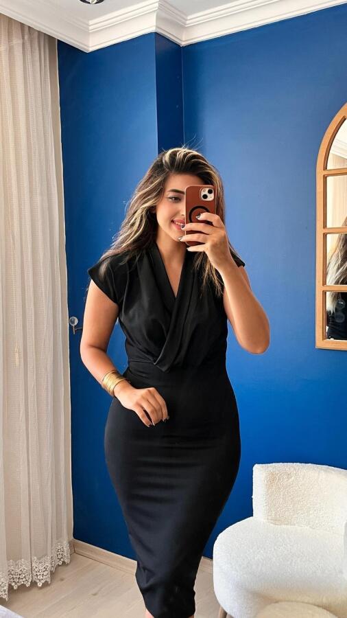 Kadın Kısa Kollu Kruvaze Yaka Krep Elbise (Kemersiz) - 1