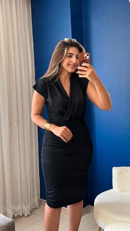 Kadın Kısa Kollu Kruvaze Yaka Krep Elbise (Kemersiz) - ANGELINO BuyukBedeniz (1)