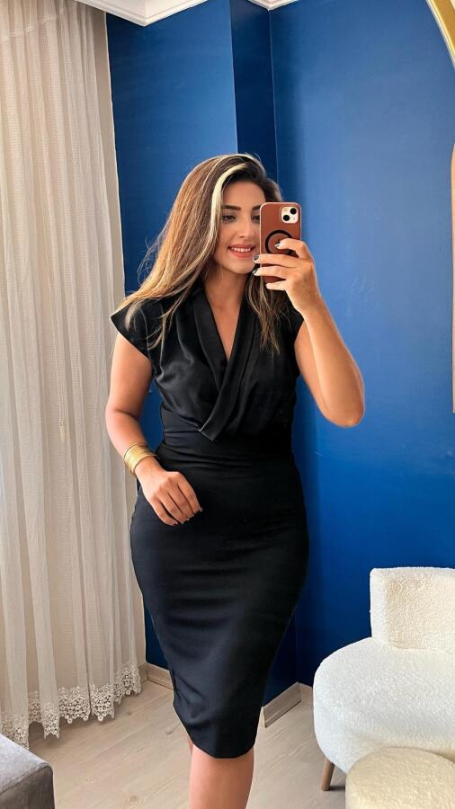 Kadın Kısa Kollu Kruvaze Yaka Krep Elbise (Kemersiz) - 3