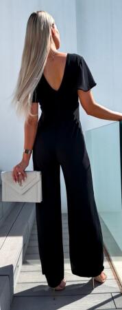 Kadın Kısa Kollu Kruvaze Yaka Sırt Dekolteli Pegasus Kumaş Tulum - 4