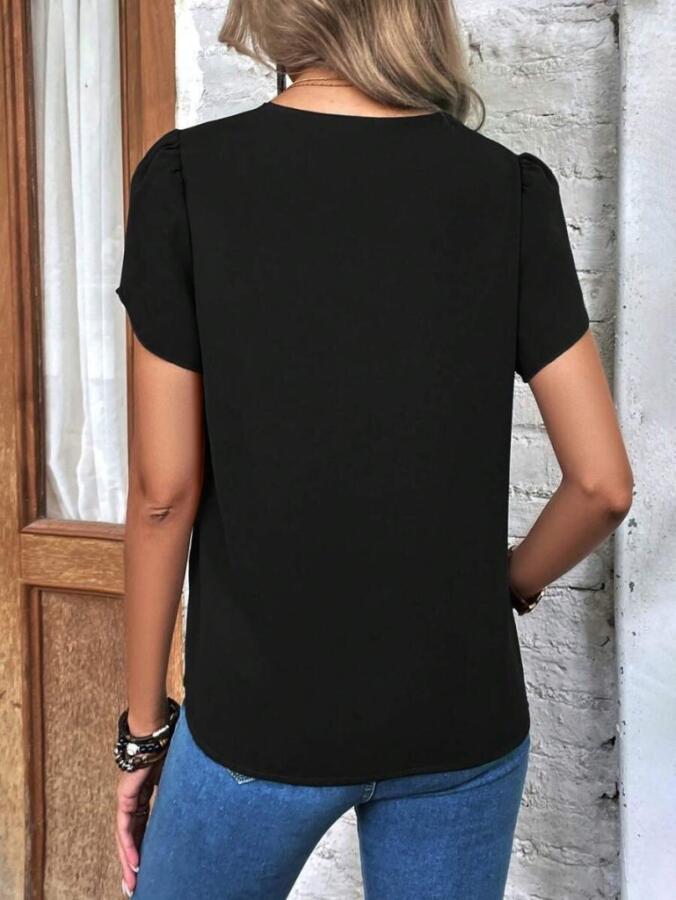 Kadın Kısa Kollu Lazer V Yakalı Ithal Krep Bluz - 5