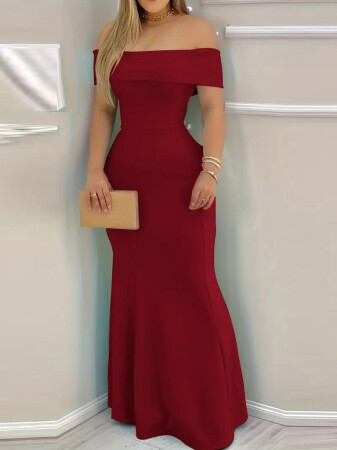 Kadın Kısa Kollu Madonna Yaka Belden Oturtmalı Uzun Ithal Krep Elbise - 3