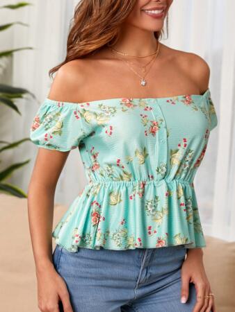 Kadın Kısa Kollu Madonna Yaka çiçek Desenli Düğme Detay Gipeli Süprem Kumaş Bluz - ANGELINO BuyukBedeniz (1)