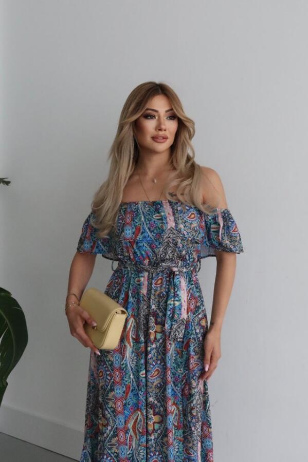 Kadın Kısa Kollu Madonna Yaka Fırfırlı Belden Yırtmaçlı Maksi Süprem Elbise - 3