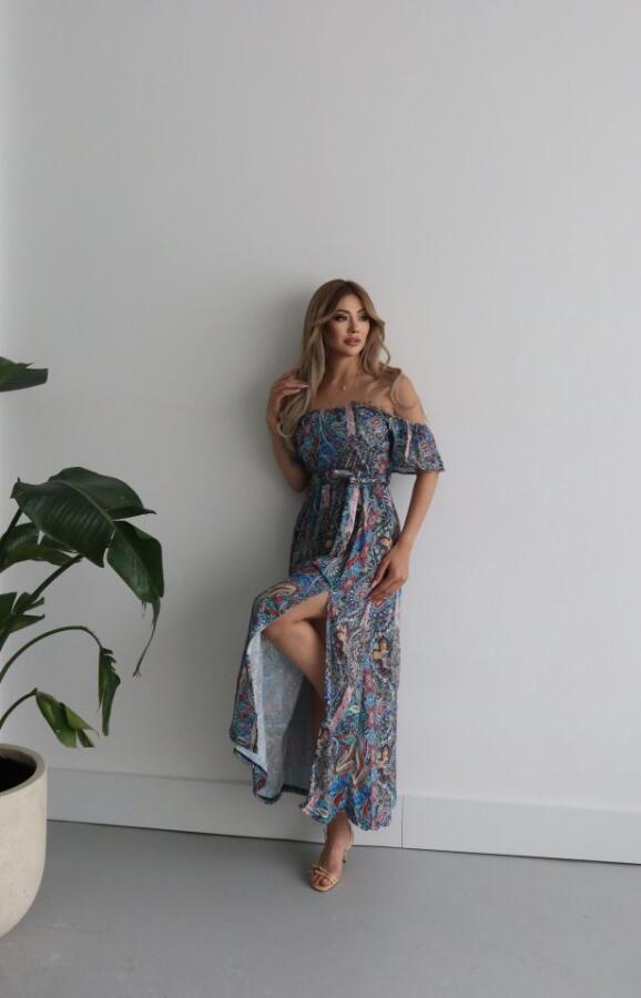 Kadın Kısa Kollu Madonna Yaka Fırfırlı Belden Yırtmaçlı Maksi Süprem Elbise - 5