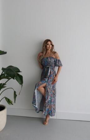 Kadın Kısa Kollu Madonna Yaka Fırfırlı Belden Yırtmaçlı Maksi Süprem Elbise - 33