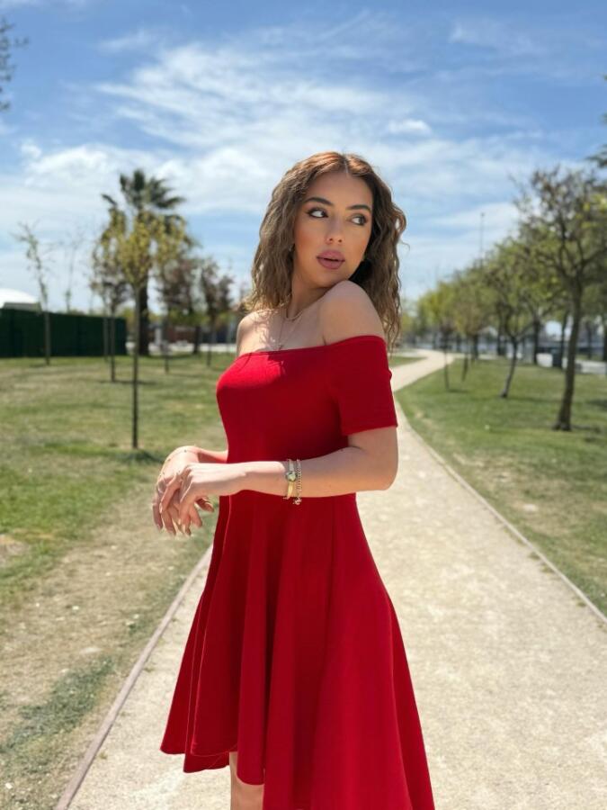 Kadın Kısa Kollu Madonna Yaka önü Kısa Arkası Uzun Ithal Krep Elbise - 4